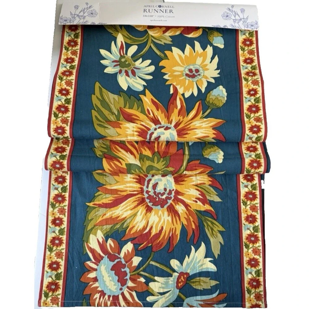 April Cornell Marguerite Table Runner Cotton Blue Orange 100% Cotton 18x108